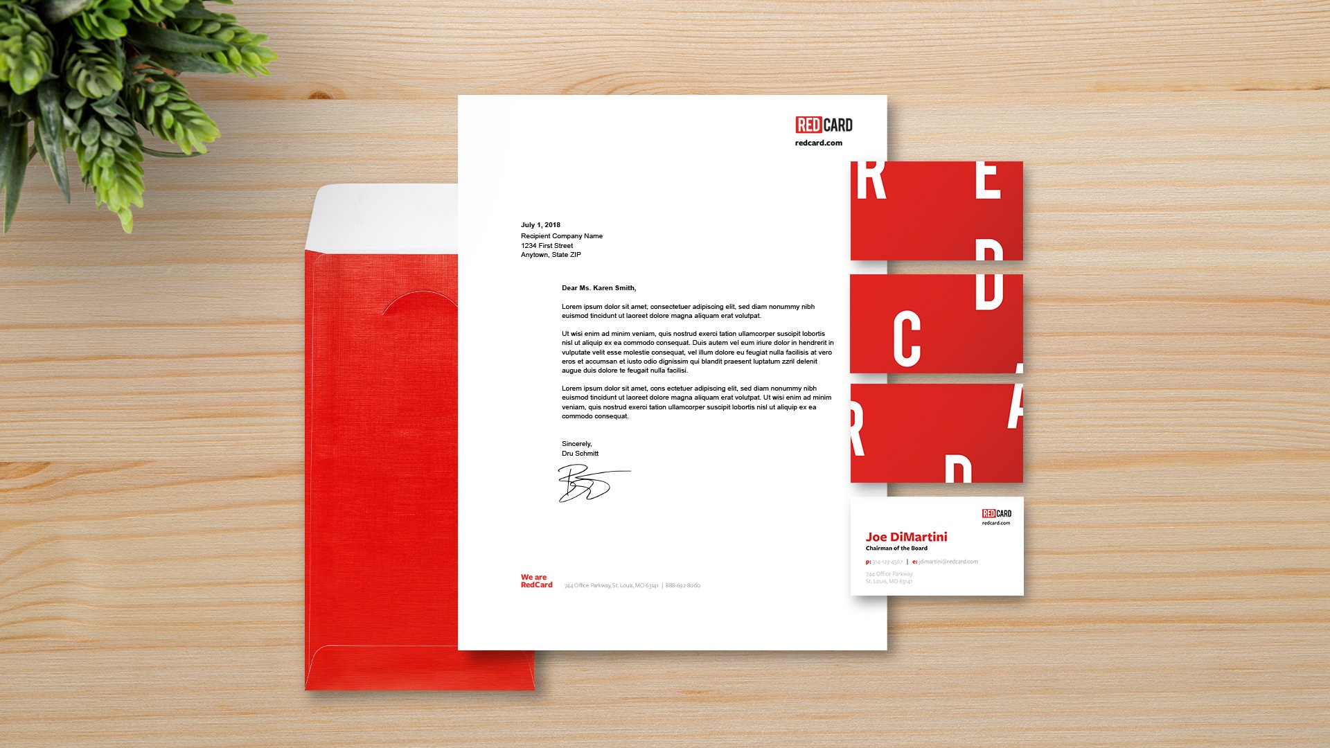 Branded stationery elements created specifically for the healthcare marketing company RedCard