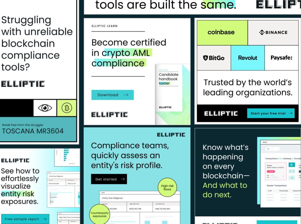 Images of digital marketing ads created for Elliptic, a blockchain analytics and regulatory tech company