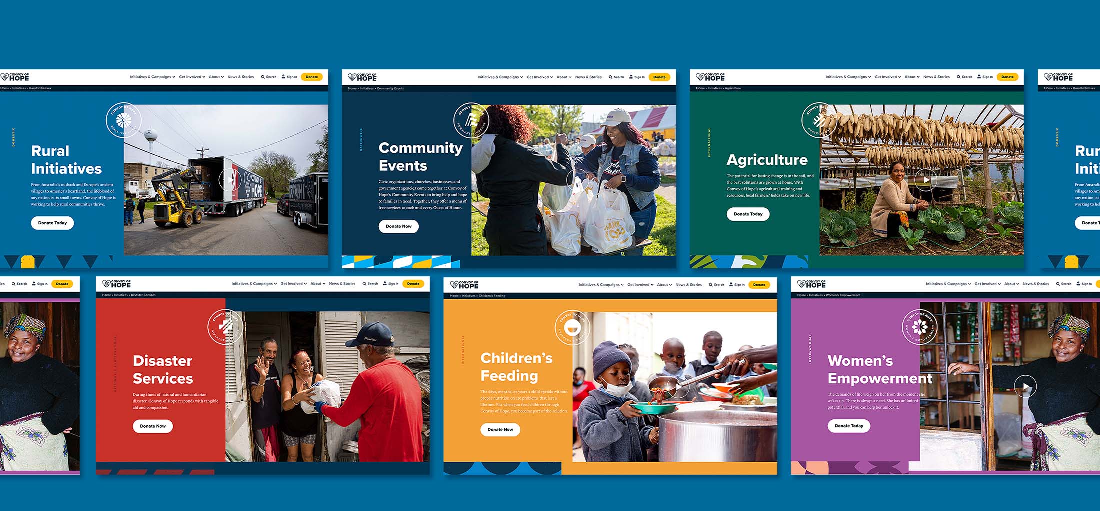 Screenshots of the Convoy of Hope website design initiative pages show how using templates and colors made the initiatives cohesive yet distinct