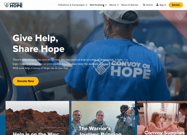 Gif showing a mouse interacting with the "Get Involved" menu and section of the website, which encourages visitors to volunteer, donate and support Convoy of Hope