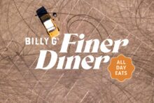 Billy G's Finer Diner restaurant branding and logo over a birds eye photo of a retro car doing donuts in a parking lot