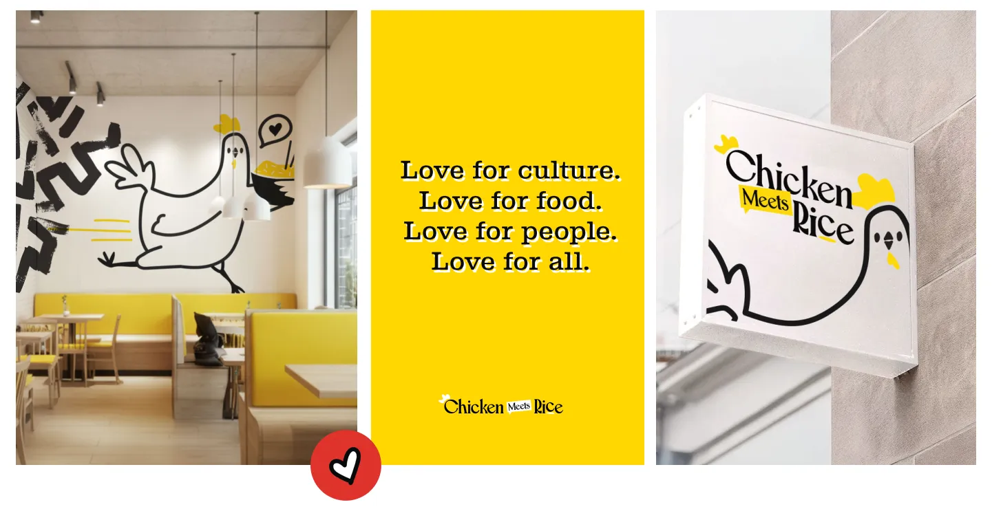 Restaurant branding case study for Chicken Meets Rice featuring interior design with playful chicken illustrations, bright yellow brand accents, and exterior signage for a cohesive visual identity.