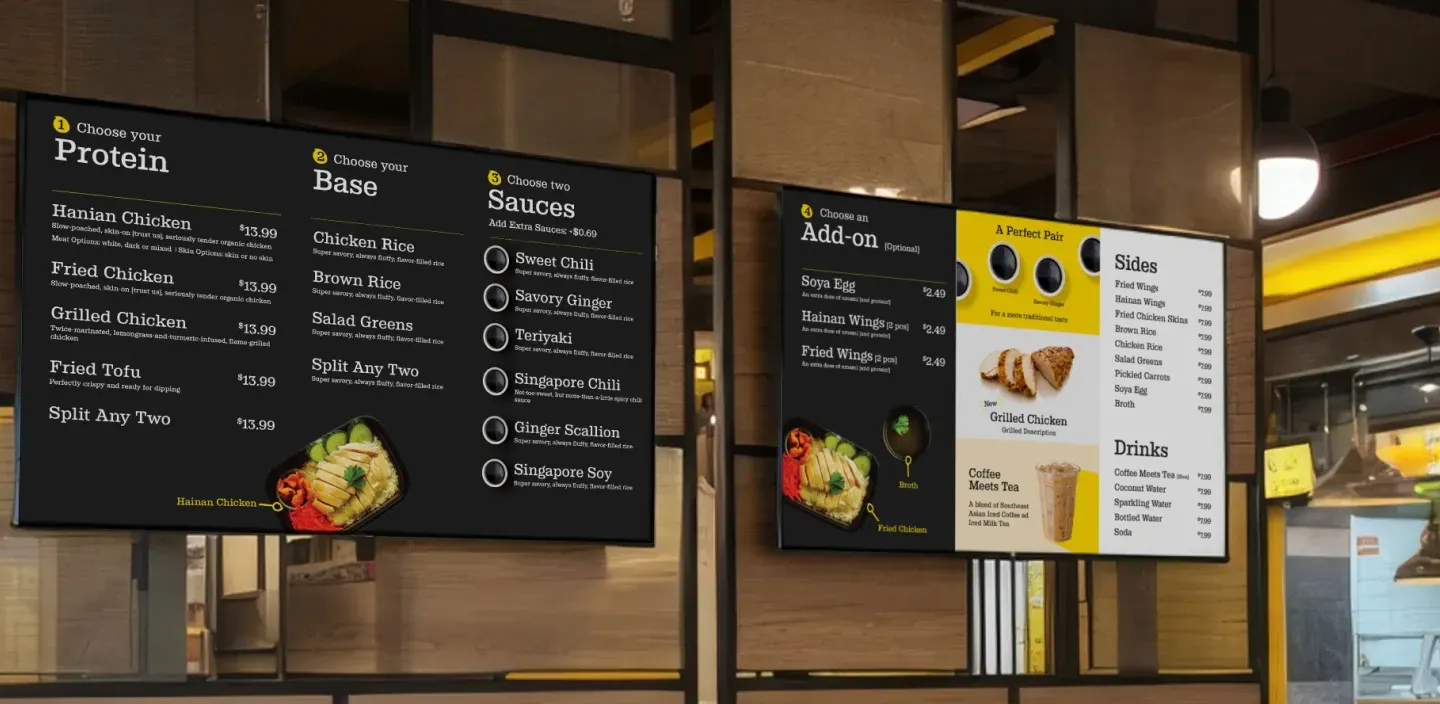 Restaurant branding case study for Chicken Meets Rice showcasing modern digital menu board design with customizable proteins, bases, sauces, and add-ons, emphasizing clarity and bold fast-casual identity.