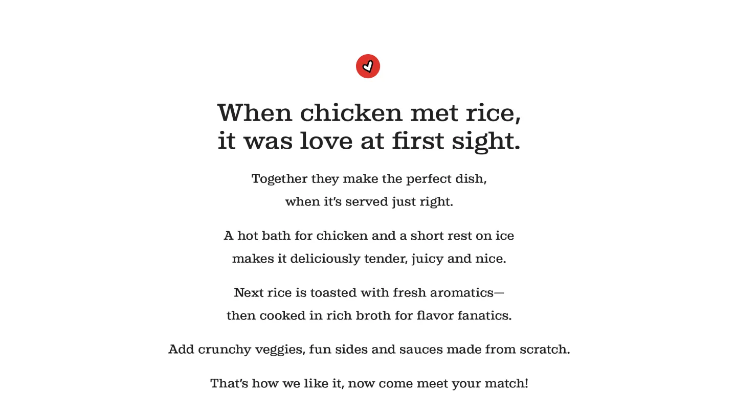 Restaurant branding case study for Chicken Meets Rice highlighting playful storytelling copy that personifies chicken and rice as a love story, reflecting the brand’s fun and flavorful voice.