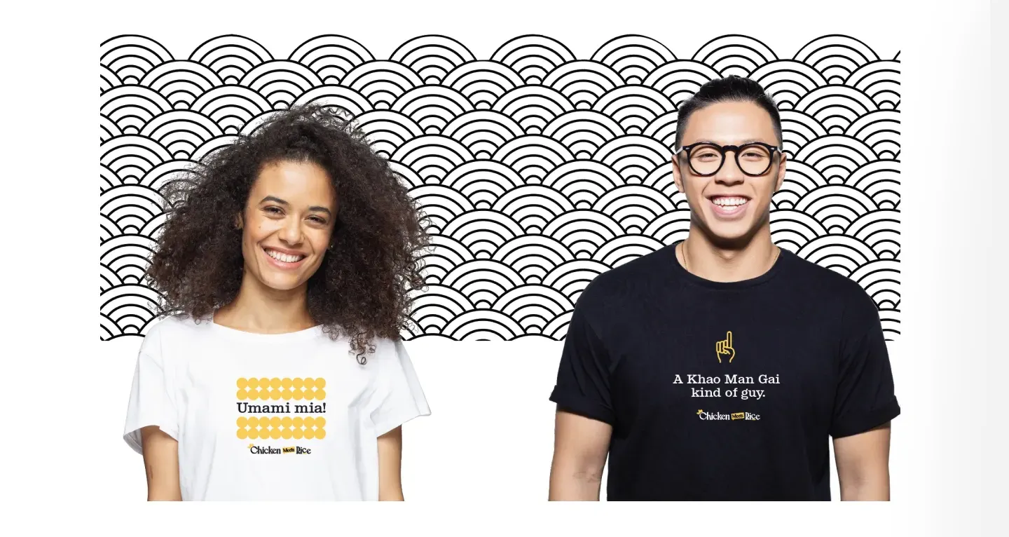 Restaurant branding case study for Chicken Meets Rice featuring branded t-shirts with playful food slogans, showcasing bold typography and personality-driven design.