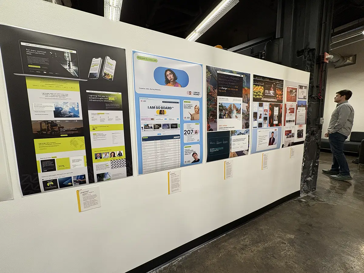Five Atomicdust website design projects were featured at the AIGA St. Louis Design Show 28: Lightedge, I Am So Board, PGAV, Acosta and WashU Law.