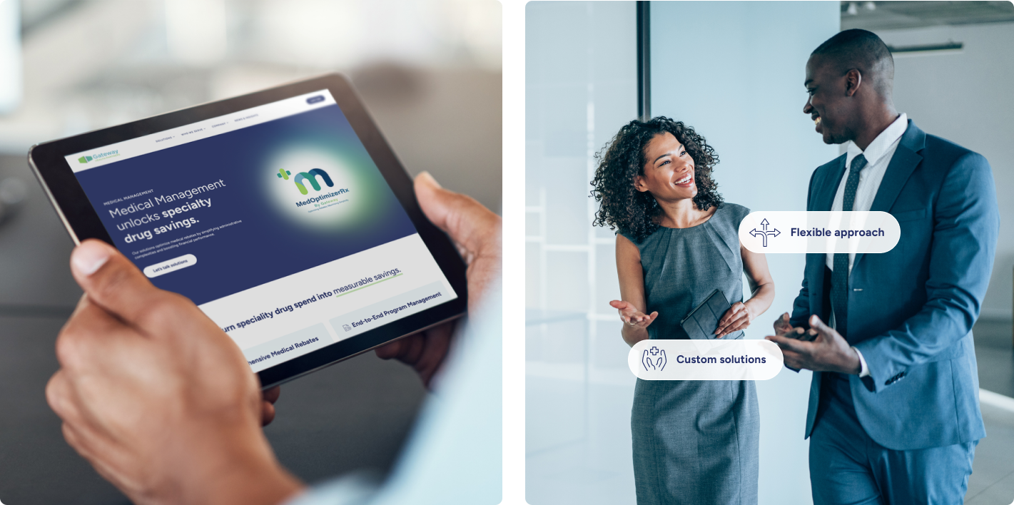 Tablet mockup of Gateway Health Partners website and branded photography example of corporate workers