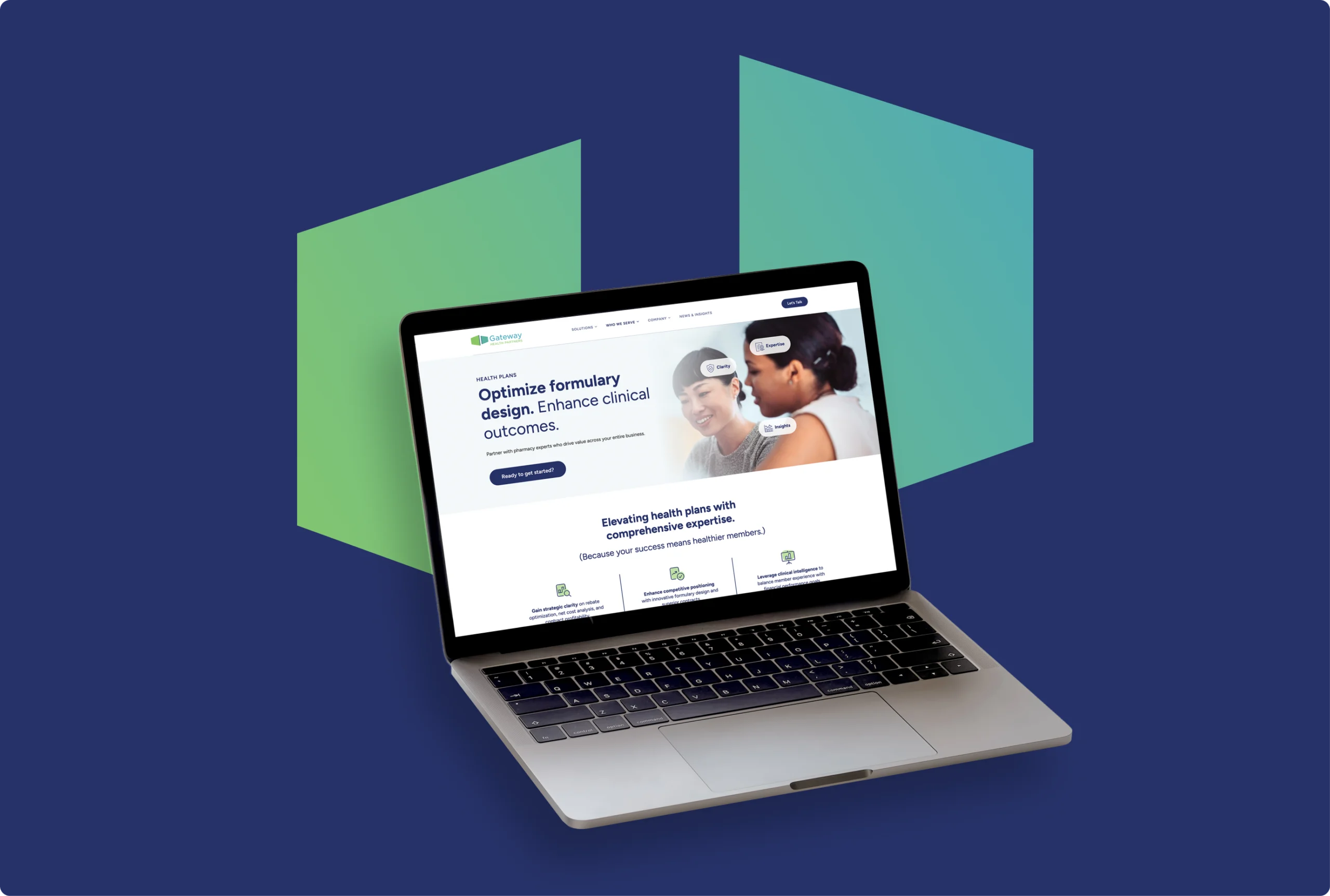 Laptop showing Gateway Health Partners website with branding graphics in background