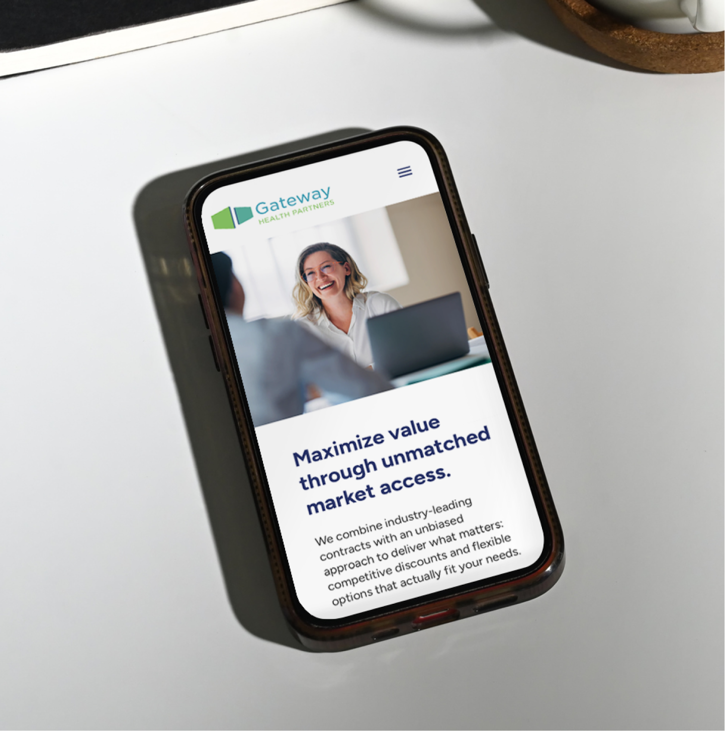 Phone mockup of the Gateway Health Partners branding and website