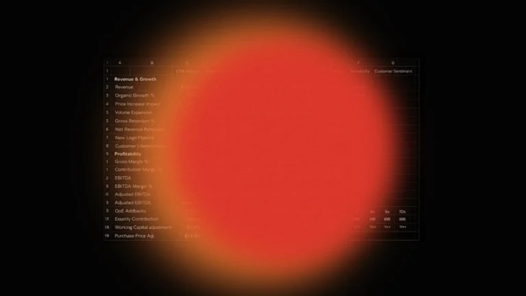 Spreadsheet showing PE diligence metrics with columns for Revenue & Growth, Profitability, and EBITDA fading into a bright red glow