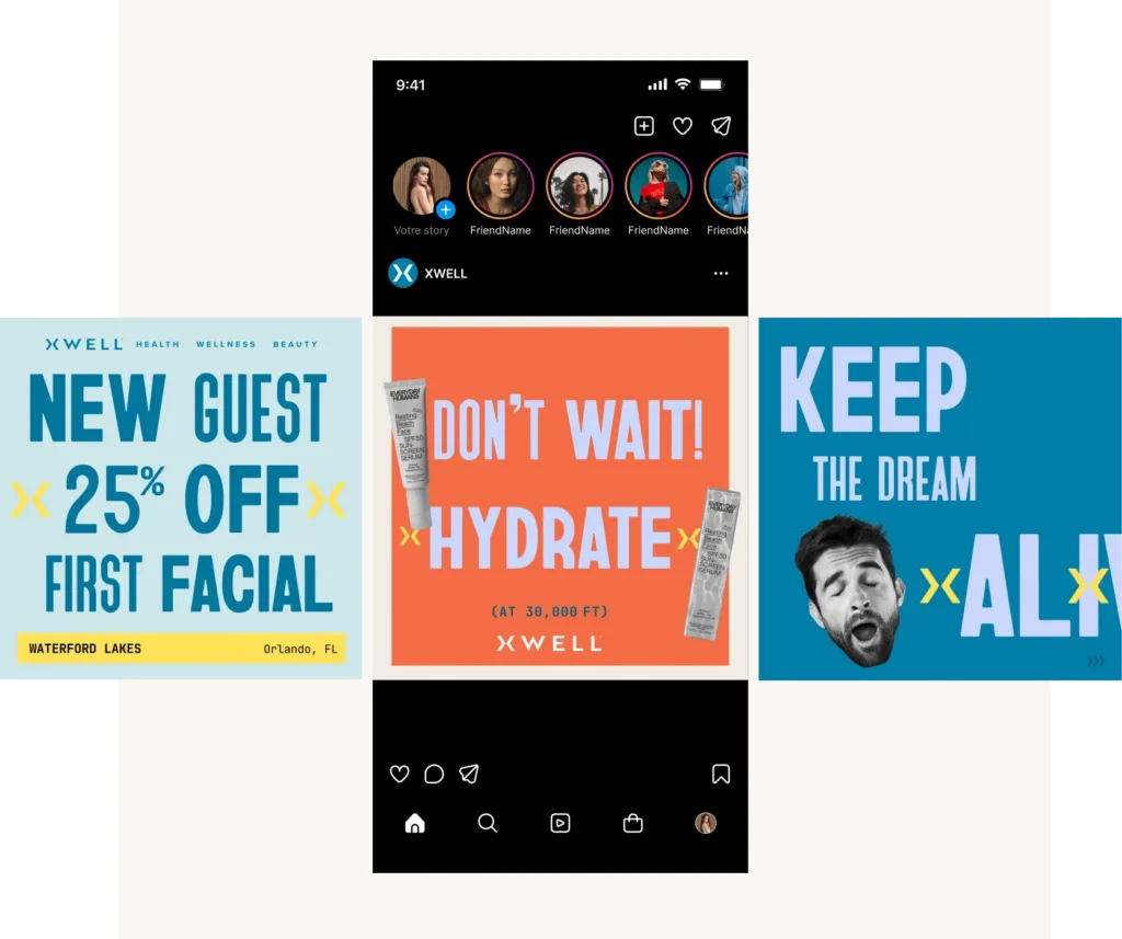 Social media posts with the new Xwell brand identity, with phrases like "Don't wait, hydrate"
