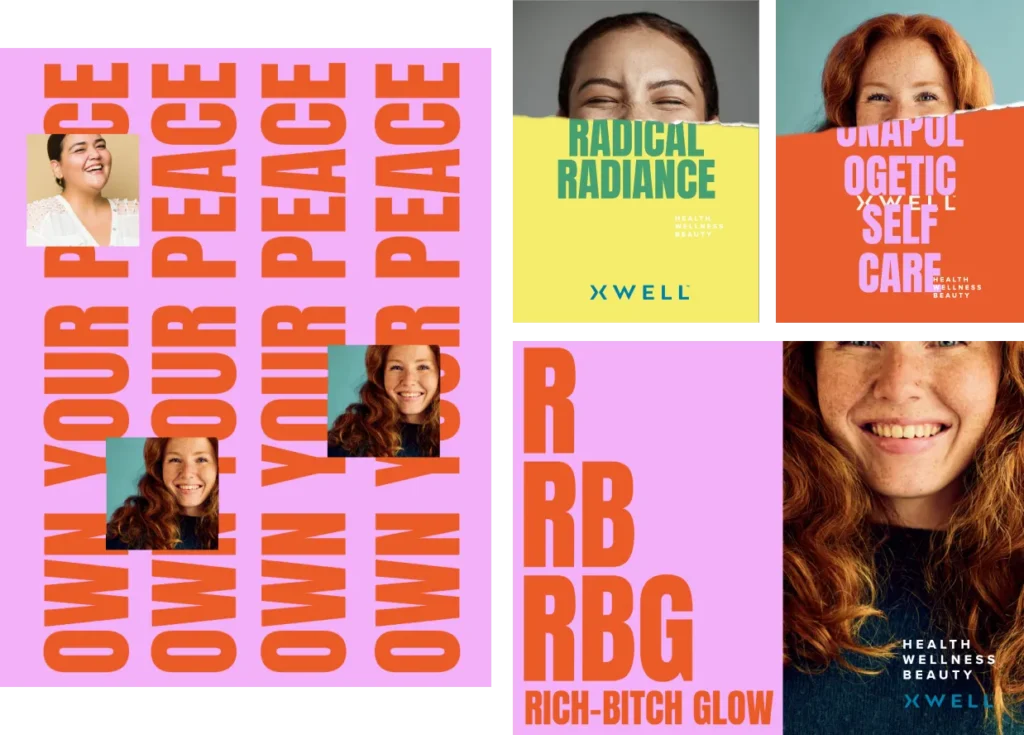 Early brand identity exploration for Xwell rooted in affirmation, with messaging like "own your peace"