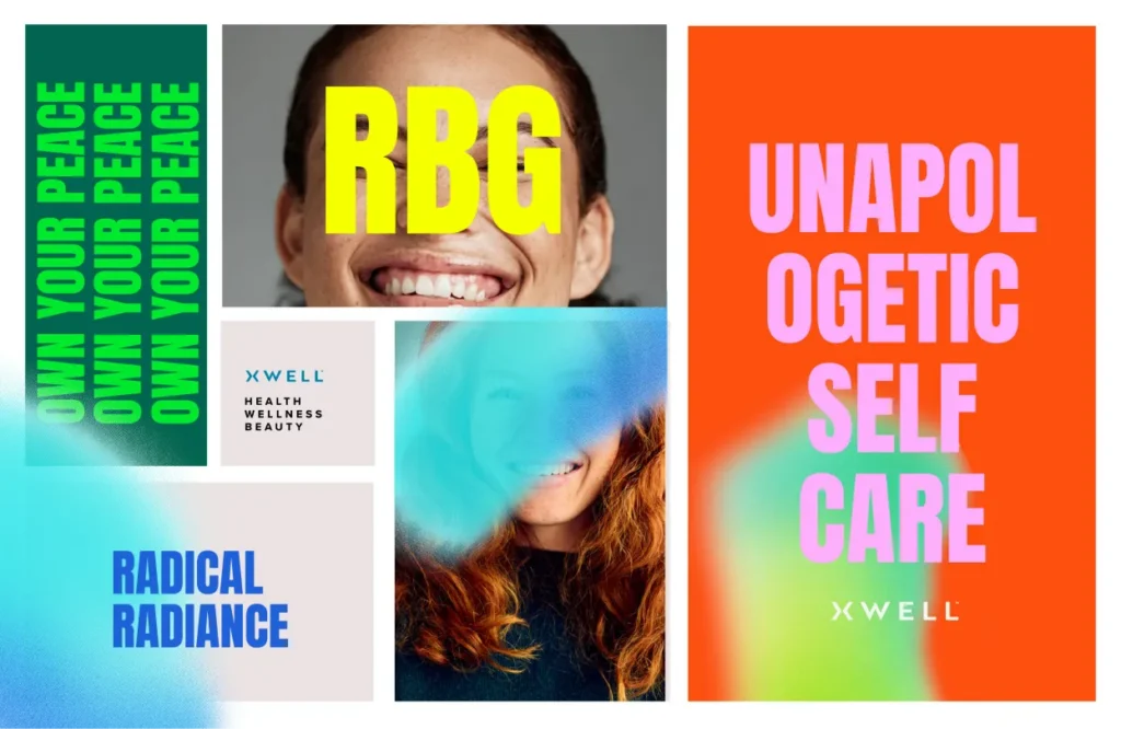 Early brand identity exploration for Xwell rooted in affirmation, with messaging like "unapologetic self care" and "radical radiance"