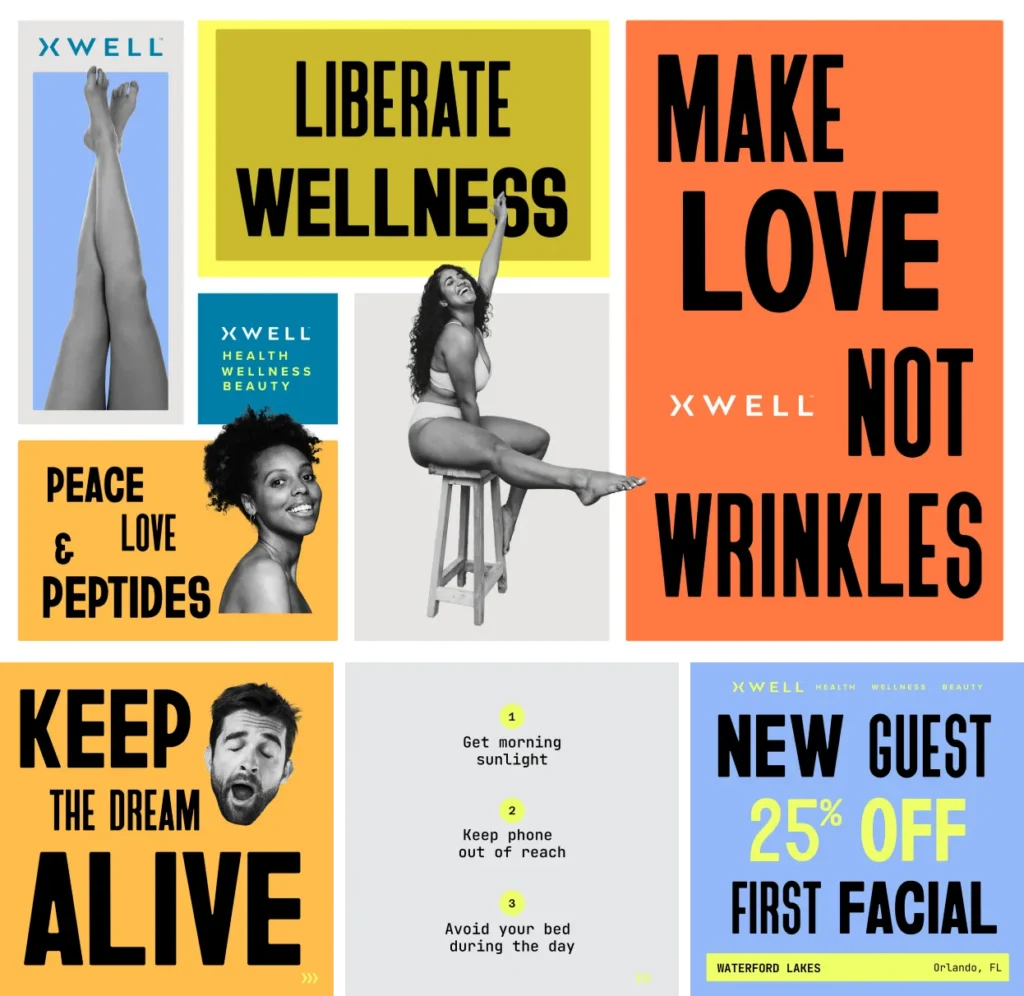 Rebellion-inspired brand direction for Xwell, with messaging like "liberate wellness" and "peace love and peptides."