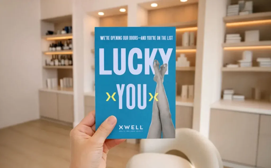 A print piece promoting the grand opening of a new XWELL location