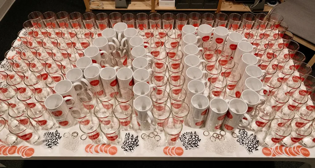 A table filled with glasses, mugs and stickers Atomicdust gave away at the anniversary party