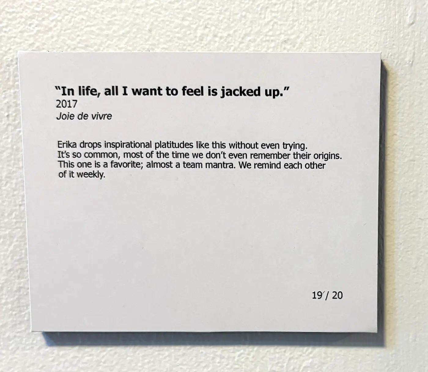 Printed museum-style exhibit placard titled “In life, all I want to feel is jacked up” mounted on a wall
